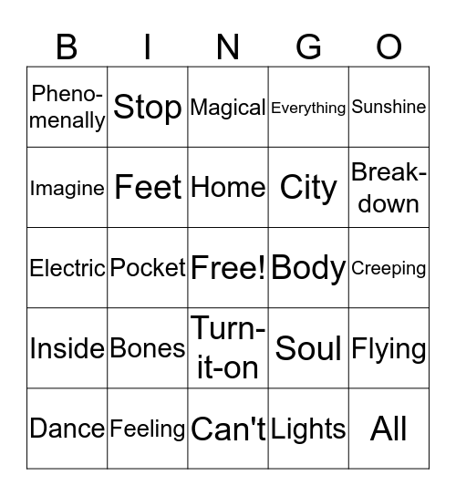 Can't Stop the Feeling Bingo  Bingo Card