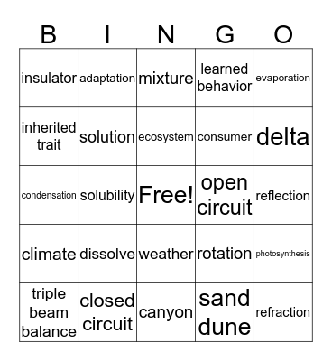 Science Review Bingo Card