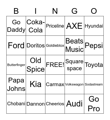 Superbowl Commercial Bingo Card