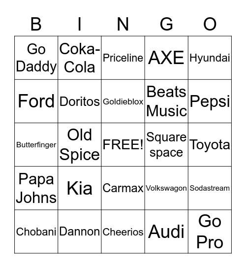 Superbowl Commercial Bingo Card