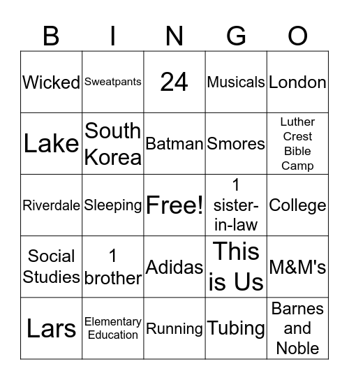 All about Shelby Bingo Card