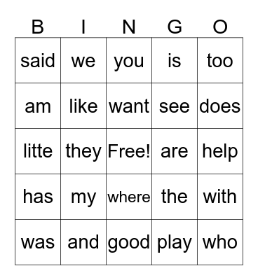 Sight words Bingo Card