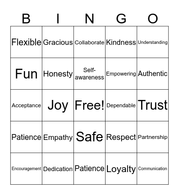 Healthy Relationship BINGO Card