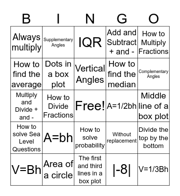 7th Grade FSA Bingo Card