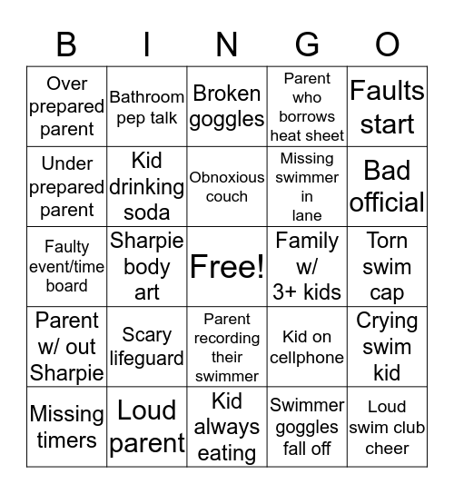 Swim Meet Bingo Card