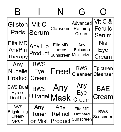 Spa Product Bingo Card