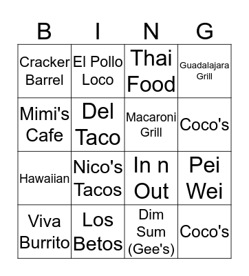 Mama & Papa Lum's Foods Bingo Card