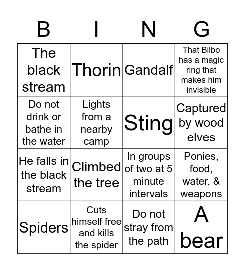 The Hobbit Ch. 7-8 Review Bingo Card