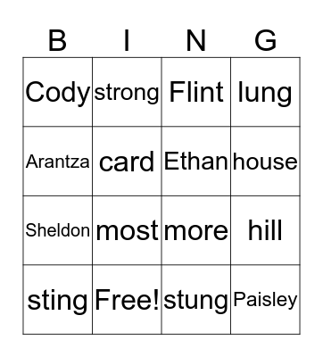 Spelling Bingo Card