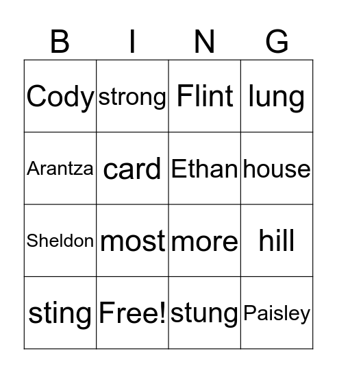 Spelling Bingo Card