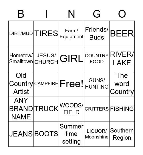 Bro Country Bingo Card