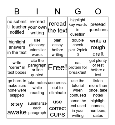 Test Tips Bingo Card
