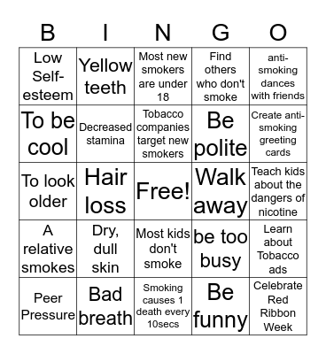 Say NO to Nicotine Smoking Bingo Card