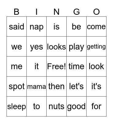 Sight Word Bingo Card