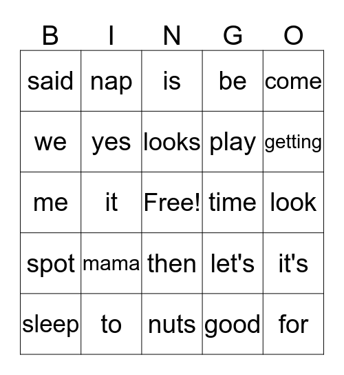 Sight Word Bingo Card