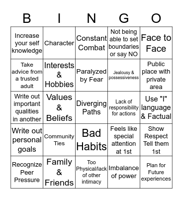 First In Relationship Education  Bingo Card