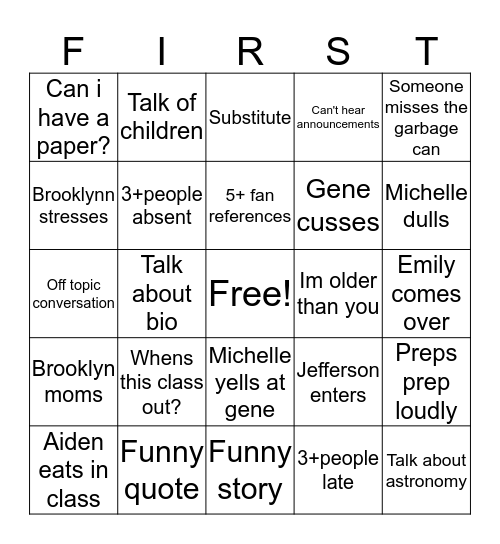 English Class Bingo Card