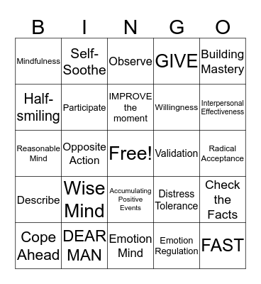 DBT Skills Bingo! Bingo Card
