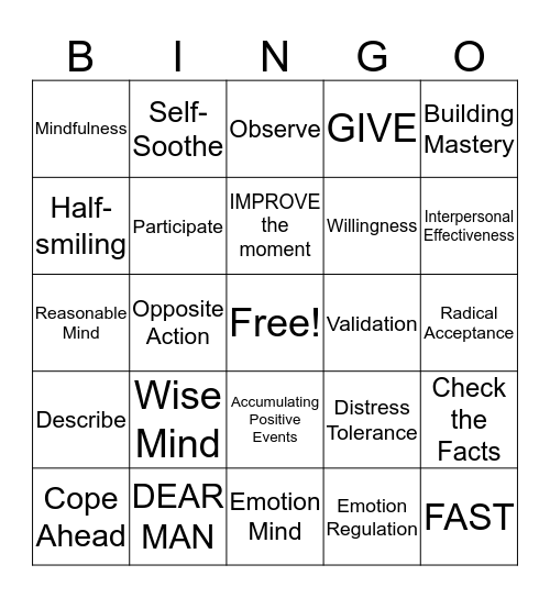 DBT Skills Bingo! Bingo Card