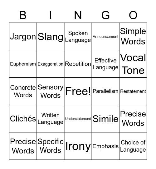 Using Effective Language BINGO Card