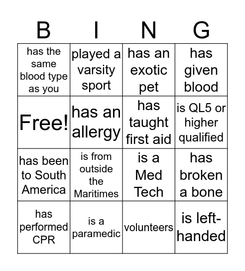 First Responder Experience Bingo Card