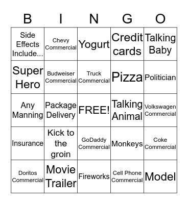 SUPER BOWL COMMERCIAL Bingo Card