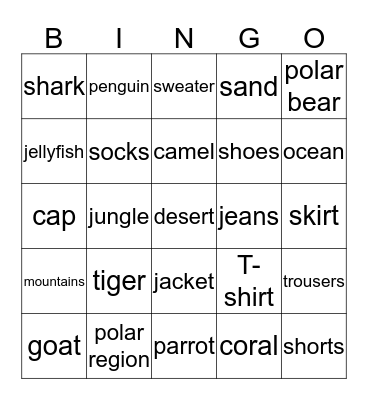 Habitats， Animals and Clothes Bingo Card
