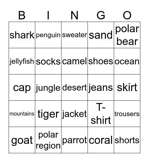 Habitats， Animals and Clothes Bingo Card