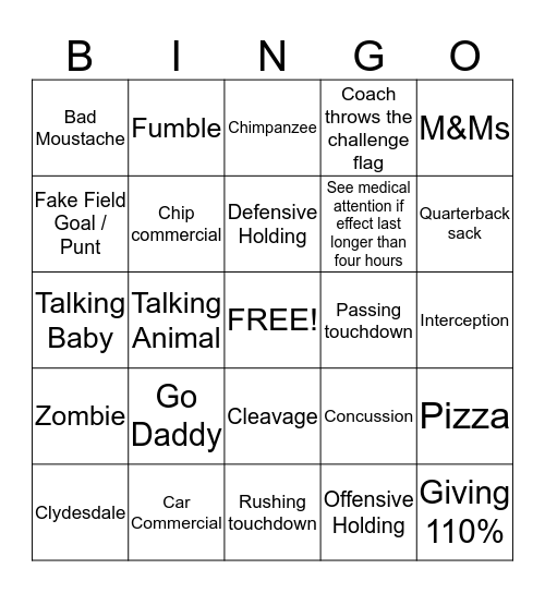 2014 Superbowl Bingo - Adults' Version Bingo Card