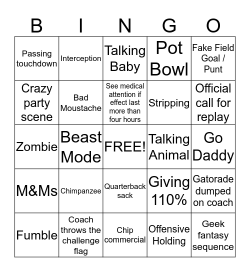 2014 Super Bowl Bingo Adults Version Bingo Card