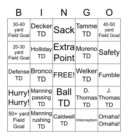 Bronco's Bingo Card