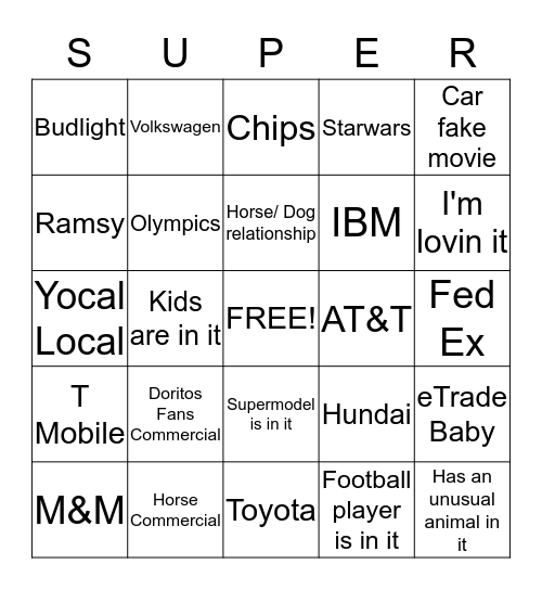 Superbowl Commercial Bingo Card