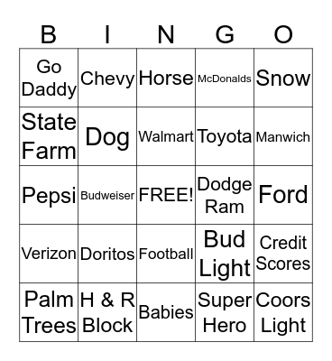 SuperBowl Commercial Bingo Card