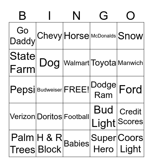 SuperBowl Commercial Bingo Card