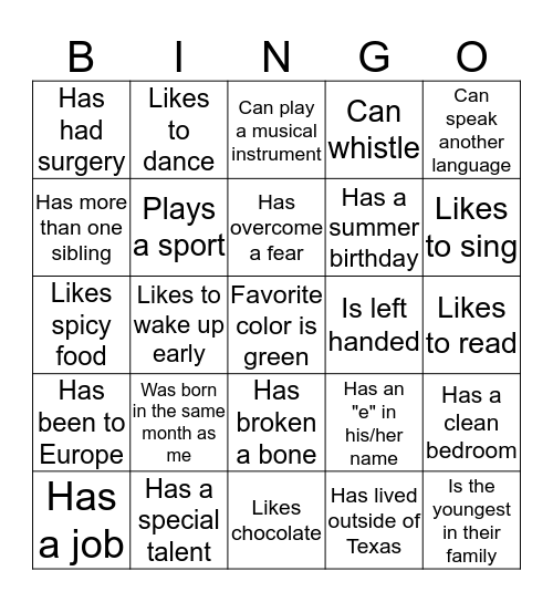 Find a Friend Bingo Card