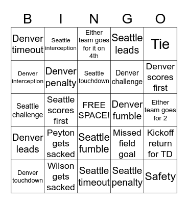 Super Bowl Bingo Card