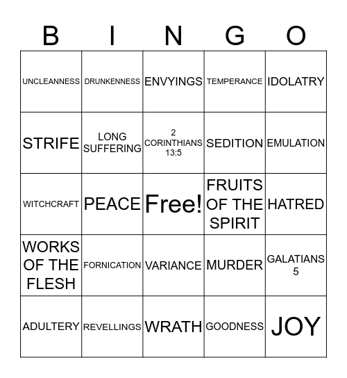 GALATIANS 5:19-23 BINGO Card