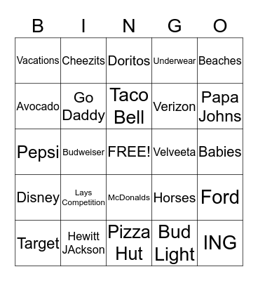 SuperBowl Commercial Bingo Card