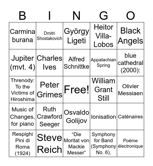 MUS 3603 Listening Review Bingo Card