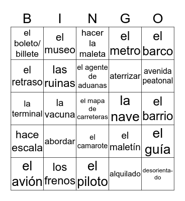 Los viajes Bingo Card
