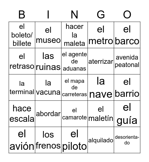 Los viajes Bingo Card
