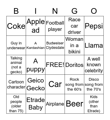 Super Bowl Commercial Bingo Card