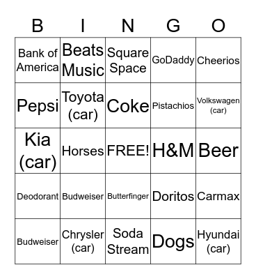 Super Bowl 2014 Commercial Bingo Card
