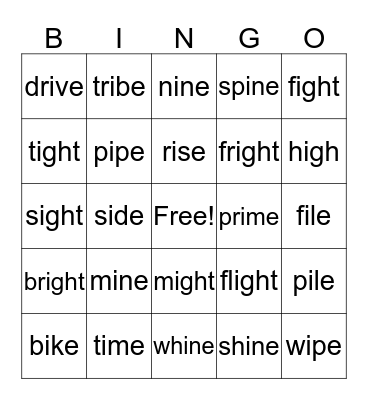 Long I Bingo Card