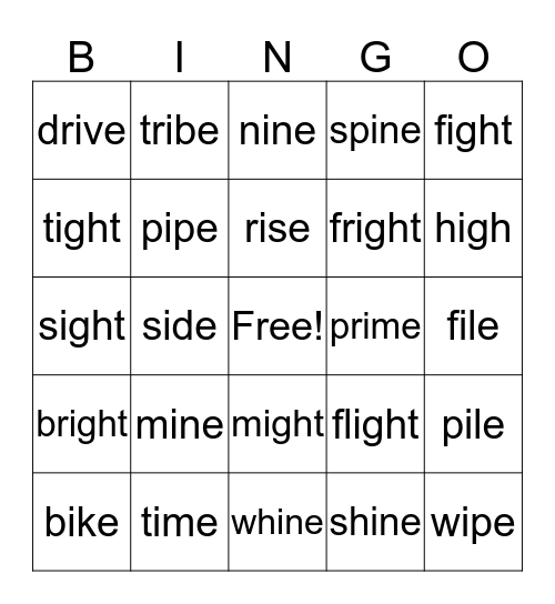 Long I Bingo Card