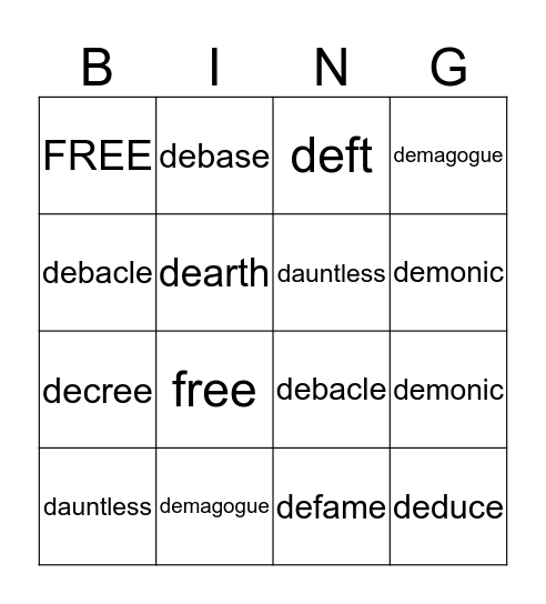 Vocabulary Unit #10 Bingo Card