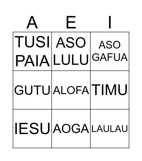 SAMOAN LANGUAGE Bingo Card