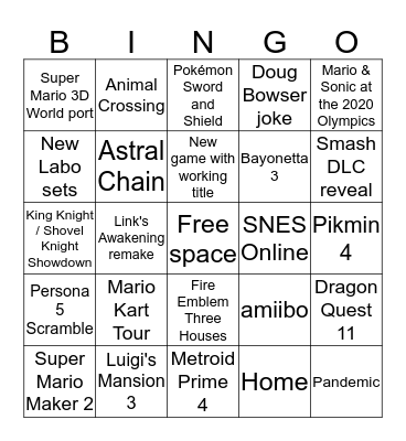 Nintendo E3 2019 Bingo Card