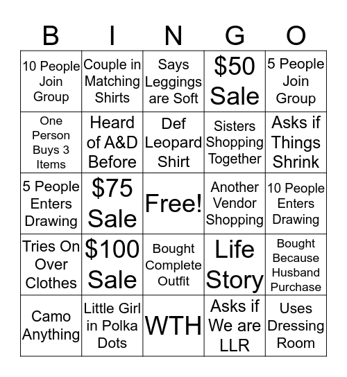 Vendor Bingo Card