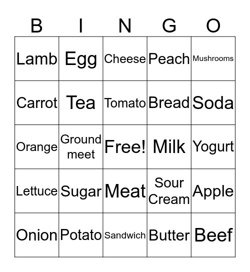 Food Bingo Card